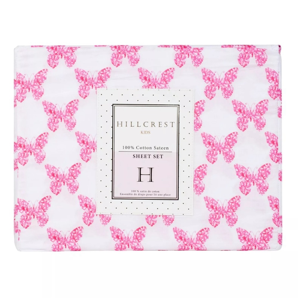 Hillcrest Twin 3 PC Soft Cotton Sateen Pink White Sheet Set Spring Butterfly NEW